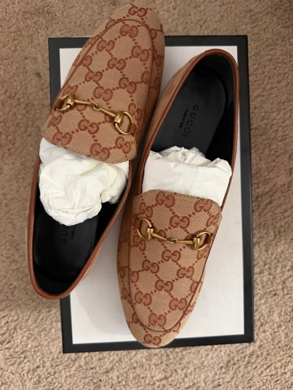 Gucci Beige/Tan GG Canvas Horsebit Loafers - Picture 3 of 6